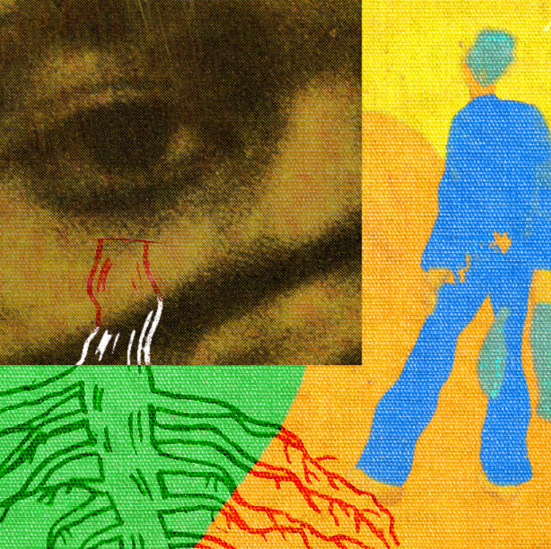 Colorful, abstract collage comprising photo of human face cropped to focus on eye, back of blue-suited man standing in road, and tree roots.
